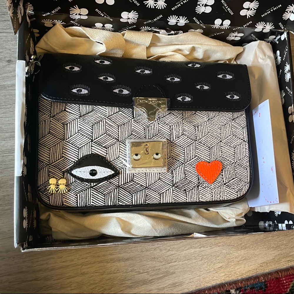 Min & Mon Amantis Black and Cream Leather Crossbody Mini Handbag - All Over Eyes